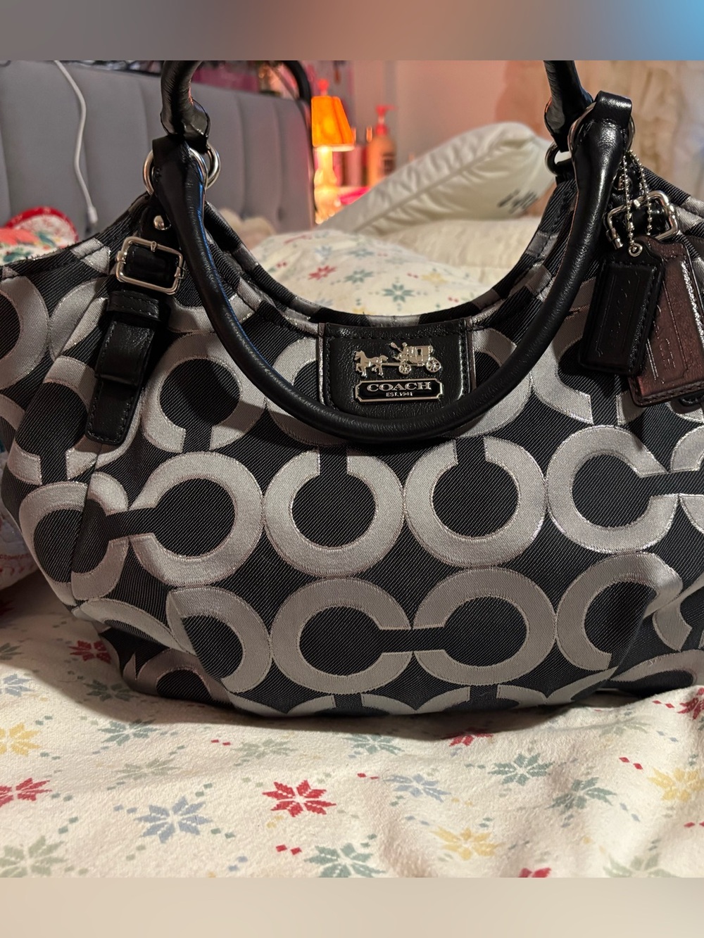 Coach Black & Silver Signature C-Print Shoulder Bag